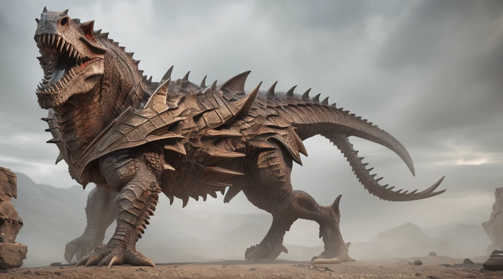 a powerful ferocious beast, a monstrous creature with bloodthirsty eyes, robust armored body, barbarous paleontological design, ancient unknown biological lifeform, intricate detailed textures, highly realistic 3D render, dramatic lighting, cinematic composition, dark moody color palette, visceral gritty atmosphere