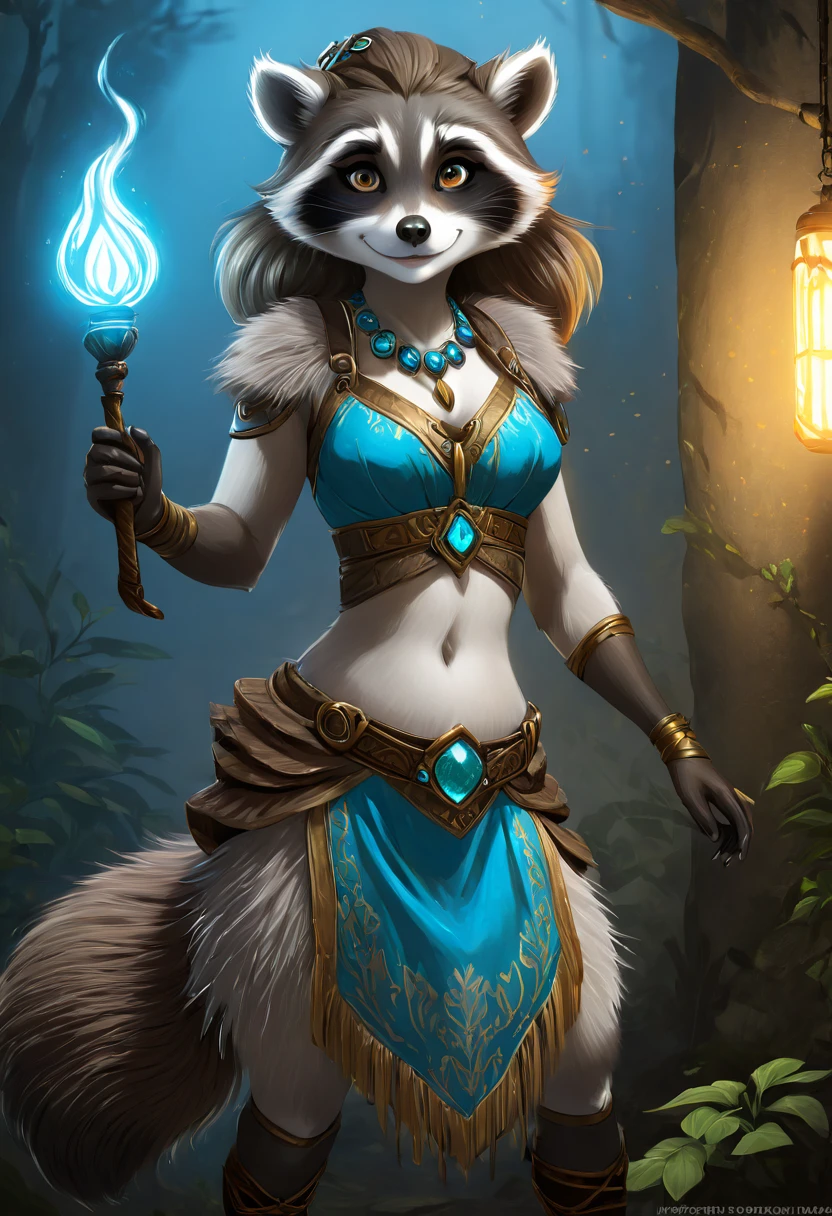 Create an illustrated, hand-drawn, full-color image of an anthropomorphic raccoon girl. The artwork should be rendered in the style of "Breath of the Wild," featuring warm lighting and shadows. Include graphite shading, stencil marks, and airbrushed acrylic paint effects. The image should be of the highest quality, a masterpiece with intricate details. The raccoon girl should have a female, humanoid, furry appearance with grey skin. She should have luscious lips, a wide smile, and bright, expressive eyes, exuding beauty, cuteness, and adorableness. Ensure the image is high resolution and sharply detailed, with a detailed and vibrant background. Incorporate mystical lighting in the background, creating a romantic and enchanting atmosphere.
