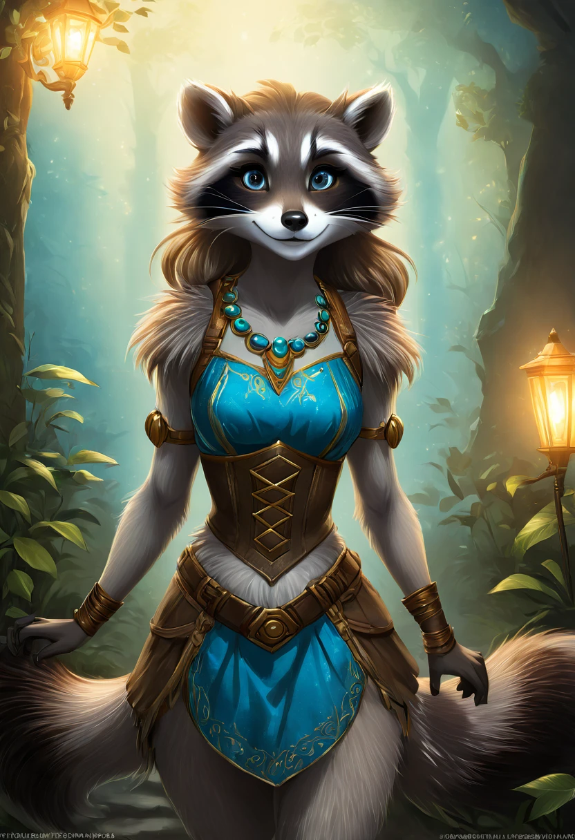 Create an illustrated, hand-drawn, full-color image of an anthropomorphic raccoon girl. The artwork should be rendered in the style of "Breath of the Wild," featuring warm lighting and shadows. Include graphite shading, stencil marks, and airbrushed acrylic paint effects. The image should be of the highest quality, a masterpiece with intricate details. The raccoon girl should have a female, humanoid, furry appearance with grey skin. She should have luscious lips, a wide smile, and bright, expressive eyes, exuding beauty, cuteness, and adorableness. Ensure the image is high resolution and sharply detailed, with a detailed and vibrant background. Incorporate mystical lighting in the background, creating a romantic and enchanting atmosphere.
