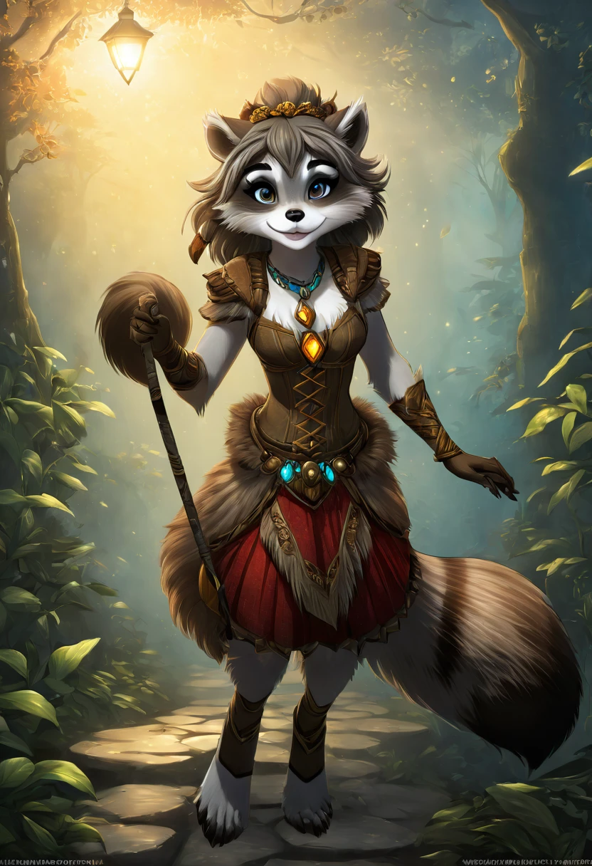 Create an illustrated, hand-drawn, full-color image of an anthropomorphic raccoon girl. The artwork should be rendered in the style of "Breath of the Wild," featuring warm lighting and shadows. Include graphite shading, stencil marks, and airbrushed acrylic paint effects. The image should be of the highest quality, a masterpiece with intricate details. The raccoon girl should have a female, humanoid, furry appearance with grey skin. She should have luscious lips, a wide smile, and bright, expressive eyes, exuding beauty, cuteness, and adorableness. Ensure the image is high resolution and sharply detailed, with a detailed and vibrant background. Incorporate mystical lighting in the background, creating a romantic and enchanting atmosphere.
