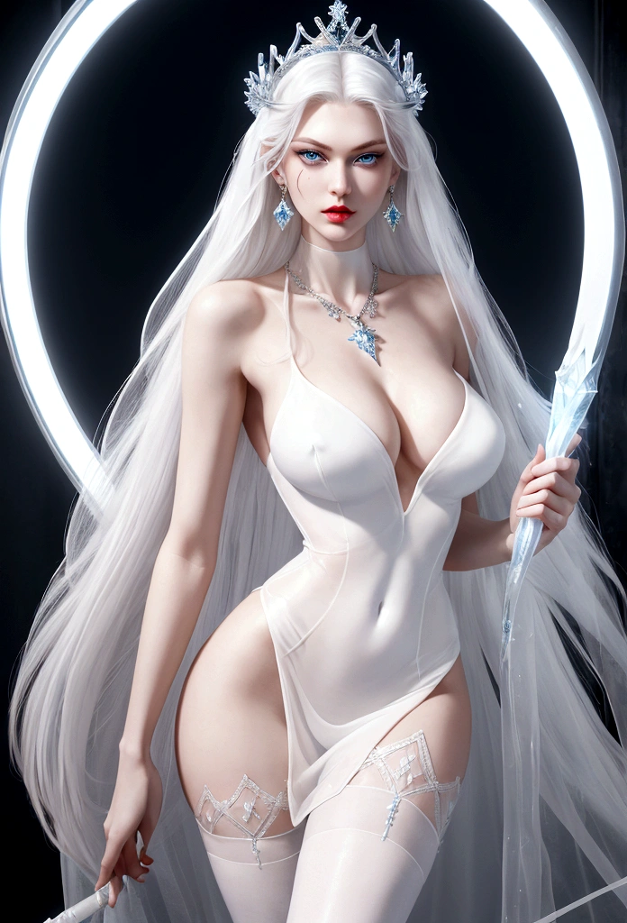 ((fully nude, Naked body.))((Sexy tall Russian supermodel))) ((Beautiful face)) (Red lipstick) ((big bright light blue eyes)) ((very long straight platinum hair))(huge breasts),((bare breasts)(beautiful nipples visible))) white one-piece uniform, sharp focus, ((having sex:1. 3  ((pale skin)) ((very huge breasts:1.2)) ((perfect slim body:1. 3))) ((wears fantasy transparent, translucent white wintry dress)) (()) ((ice crown, necklace, earrings, white stockings)) ((wield a magic wand))((beauty supermodel, Sexy posing in photo studio for epic photo shoot on camera, fantasy ice, frozen jewelry, reflector light above her)))(high resolution, dynamic shadows)((photorealistic: 1. 5))) ((masterpiece:1.3)) (8K) (perfect face) ((Best quality:1.4)) (perfect hands and eyes))

