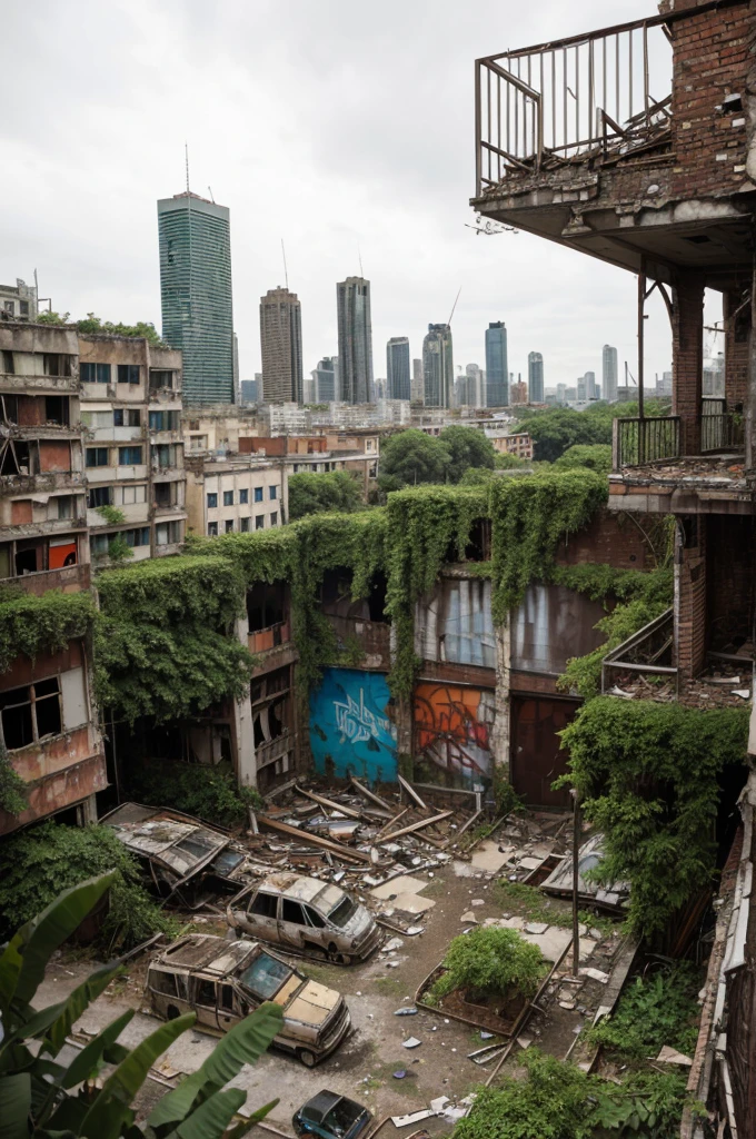 Depict a cityscape that has fallen into ruin, with crumbling buildings, graffiti, and overgrown plants