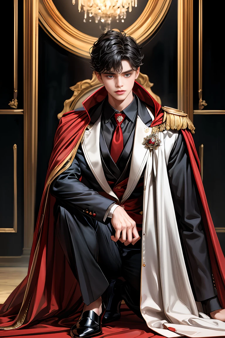 
masterpiece, 最high quality, high quality, 1 boy, alone, Male focus, Watching the audience,  Messy black hair, Adorable big blue eyes, White people, Noble, Noble,Sexy voluminous black and red cape、Tuxedo、A very voluminous, large, very large, very large, long, long red and black cape with a high stand-up collar, reaching down to the floor, made of a lot of fabric., ,Cute beautiful boys,Cute, cute, kind, handsome guy