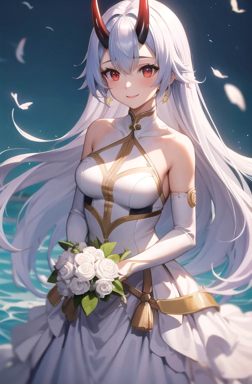 (masterpiece, best quality, detailed), 1girl, solo, smile, happy, tomoe gozen, looking at viewer, red eyes, oni horns, white hair, bridal dress, bare shoulders, holding flowers