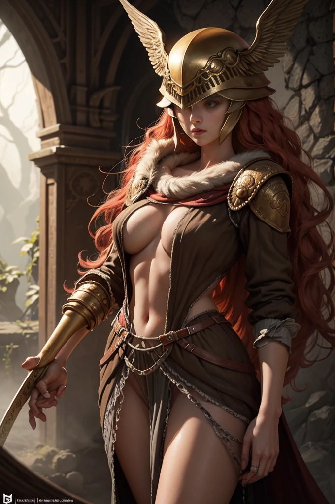 there is a woman with a sword and a HELMET WITH BIRD WINGS, in her hand, nude . , sexy REMOVING HELMET POSE cgi game style artwork, fantasy artwork, miquella , eldenring , fantasy armor , anime fantasy illustration, fantasy art behance, kvothe from name of the wind, deviantart artstation cgscosiety, fanart best artstation, epic fantasy style art, anime girl with a bow and arrow