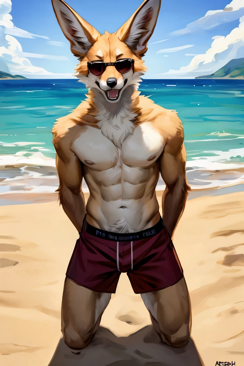 (solo, furry, anthro, hyper realistic, realistic fur), male, front view, muscular body, Fennec, smug, smirk, laughing, wide open mouth, head tilted, bending down, wearing (((dark red colored))) boxer shorts, black sunglasses on head, black sandals, hands behind back, standing, beach, blurred background, by bebebebebe:1.2, by buta99,by foxovh, by ruan jia