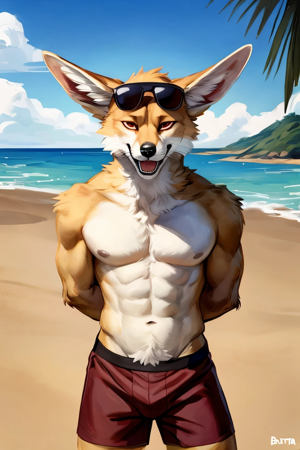 (solo, furry, anthro, hyper realistic, realistic fur), male, front view, muscular body, Fennec, smug, smirk, laughing, wide open mouth, head tilted, bending down, wearing (((dark red colored))) boxer shorts, black sunglasses on head, black sandals, hands behind back, standing, beach, blurred background, by bebebebebe:1.2, by buta99,by foxovh, by ruan jia