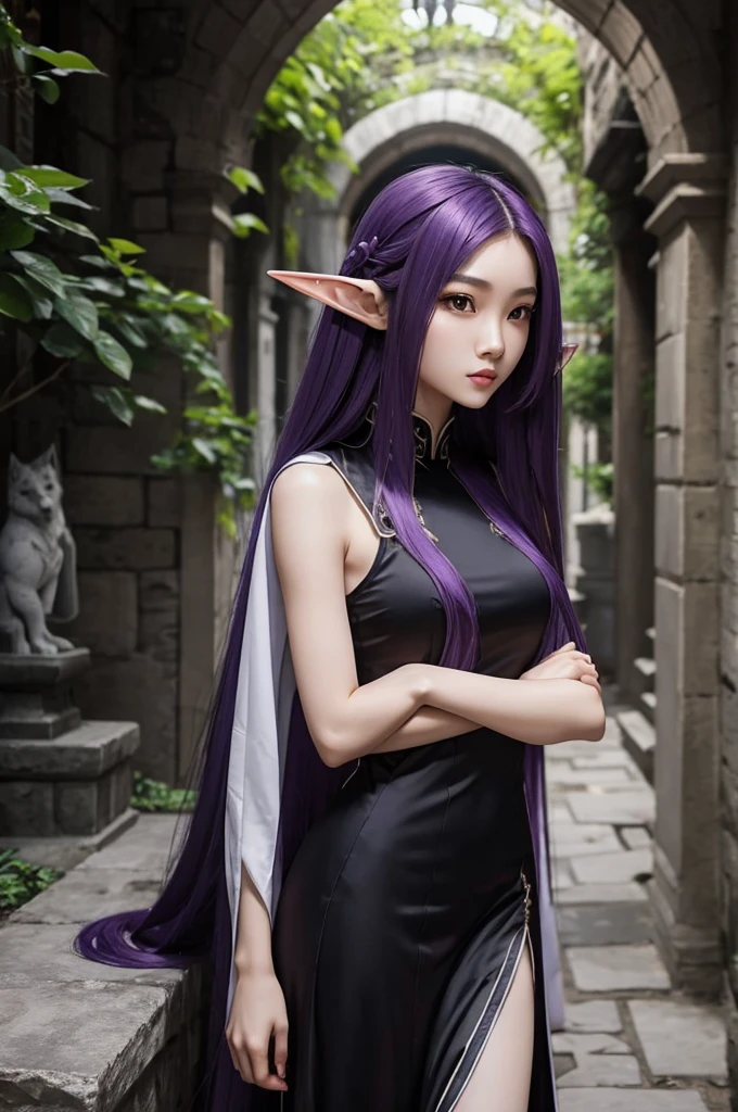 Long Purple hair, Vietnamese, beautiful 23 year old woman, very attractive, brown eyes, elf ears, very cute, thin athletic body, wearing long black dress in stone castle, with large white wolf