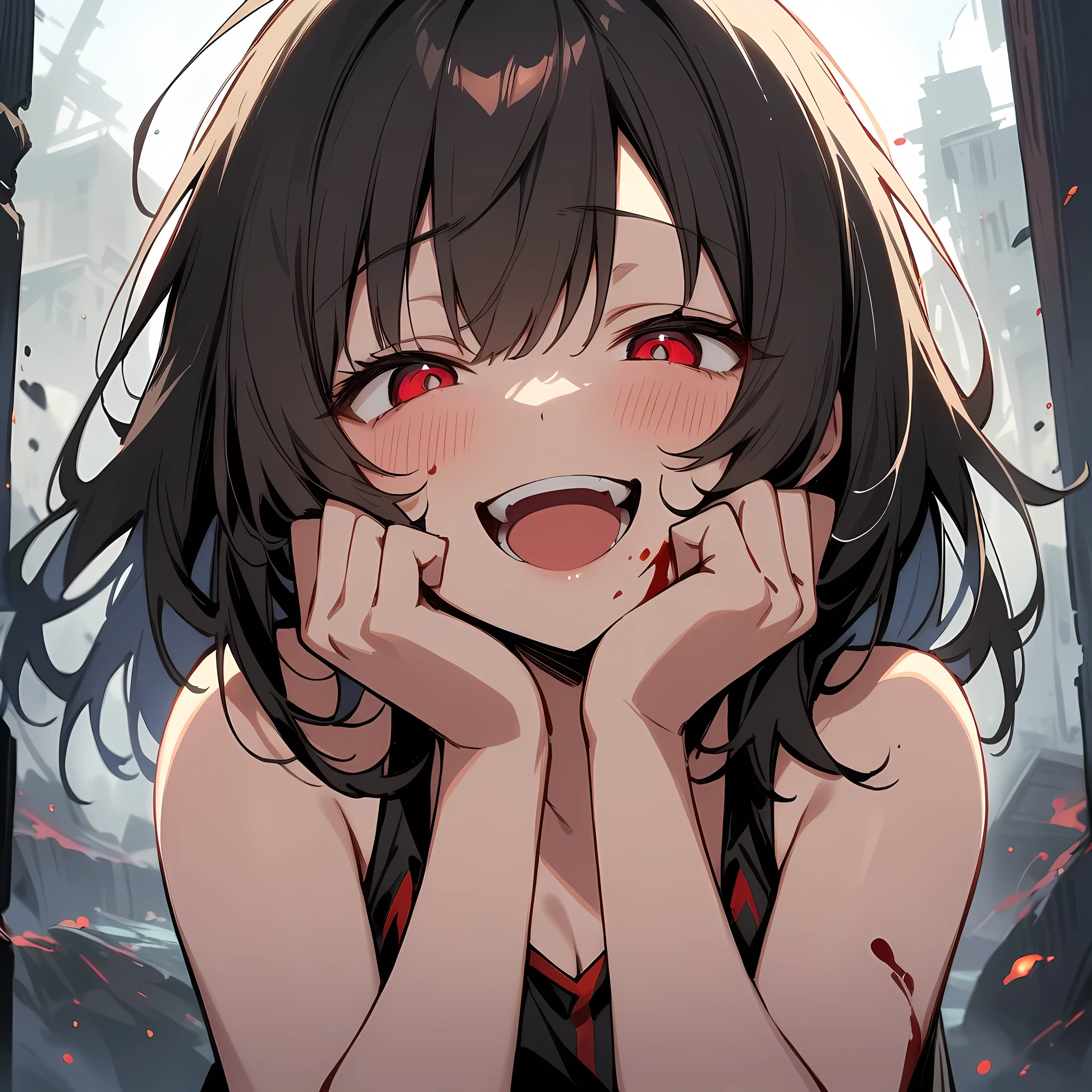 from below, 1girl, upper body,face close-up,smile, open_mouth,blood_on_face,blood_on_body, yandere, blush, yandere_trance, shadow_on_eyes, shaded_face,hands_on_own_cheeks, hands_on_own_face,looking_at_viewer, bare_shoulders,bare_arms,Dark Environment,hell,masterpiece, best quality, very aesthetic, absurdres, horror, blood,,Akali(league_of_legends)
