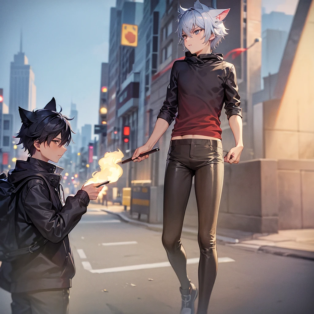 cat boy smoke in road