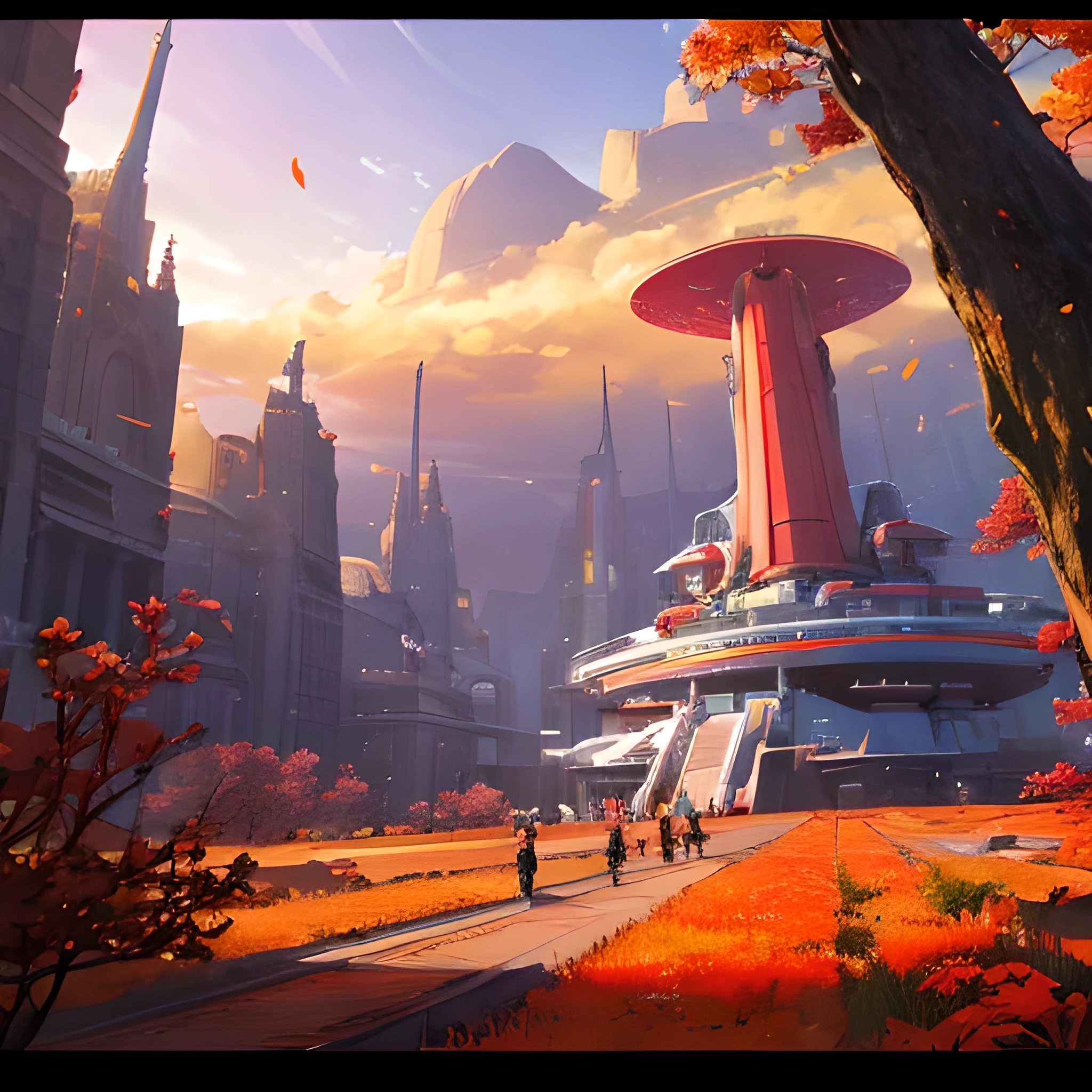 a spaceship landing on an alien exoplanet, rich in biodiversity, red trees