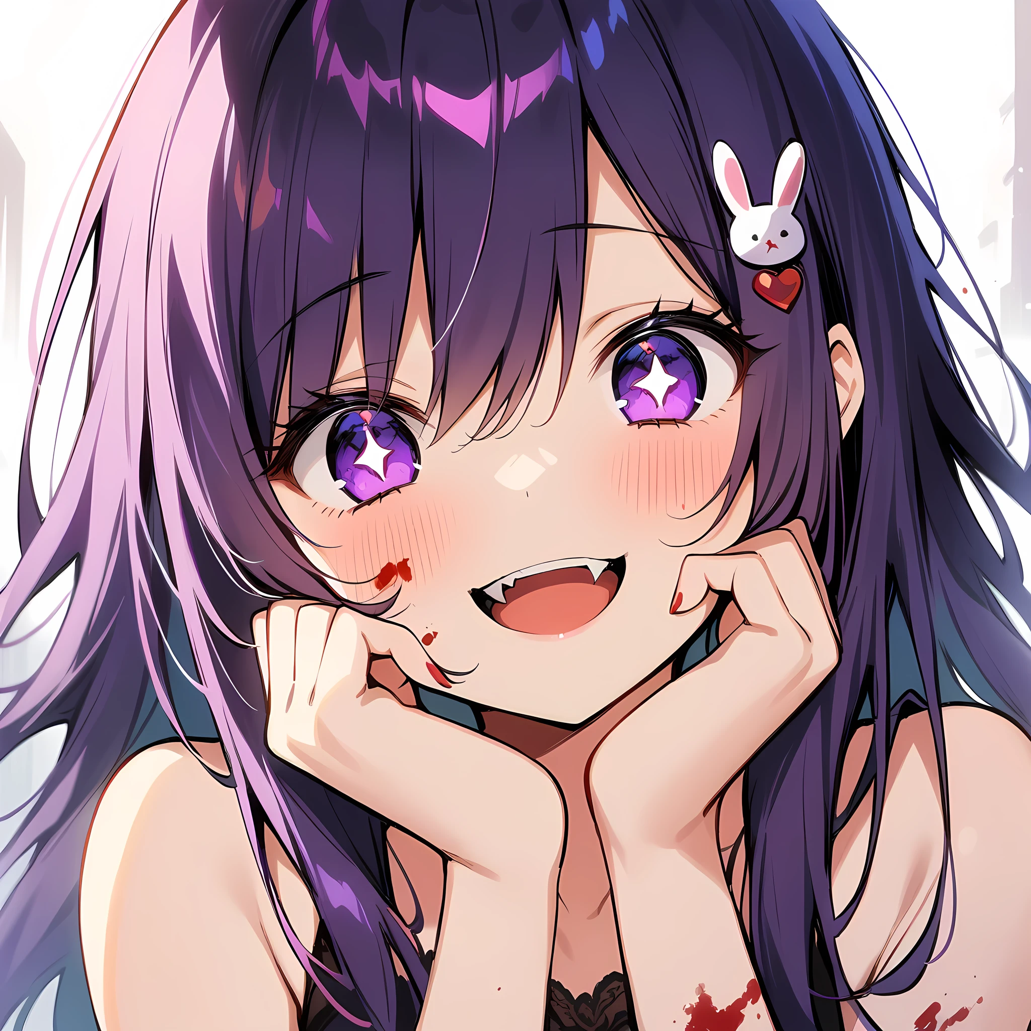 from below, 1girl, upper body,face close-up,smile, open_mouth,blood_on_face,blood_on_body, yandere, blush, yandere_trance, shadow_on_eyes, shaded_face,hands_on_own_cheeks, hands_on_own_face,looking_at_viewer, bare_shoulders,bare_arms,Dark Environment,hell,masterpiece, best quality, very aesthetic, absurdres, horror, blood,,hoshino_ai_(oshi_no_ko),  eyelashes, eyes_visible_through_hair, fangs, floating_hair, glint, sparkle, star_(symbol), star_hair_ornamenthair_between_eyes, hair_ornament, hair_ribbon, heart-shaped_ornament, long_hair, purple_eyes, purple_hair, rabbit_hair_ornament, sidelocks, star-shaped_pupils, symbol-shaped_pupils, tsurime, very_long_hair,