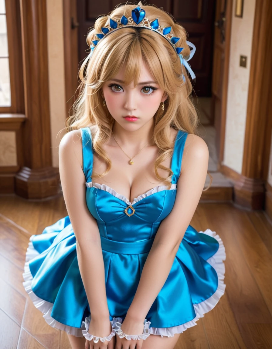 dynamic angle, (close up face), from above, a ultra detailed beautiful photograph, (angry, embarrassed), In a luxurious castle, there is a tsundere gal princess. Her hair is golden, and her eyes are a vivid blue. She is dressed in frilly gal fashion, wearing flashy accessories and high heels. However, her attitude is tsundere, seeming cold at first glance, but harboring kindness in her heart.