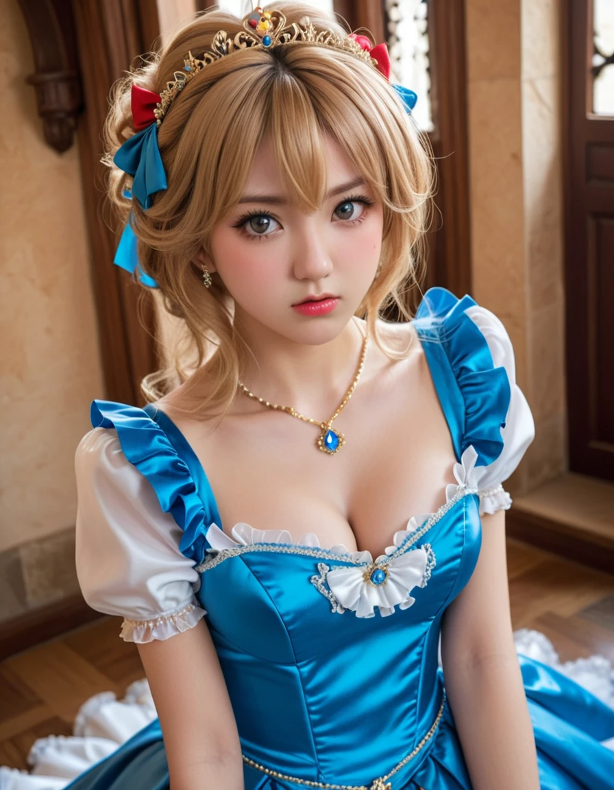 dynamic angle, (close up face), from above, a ultra detailed beautiful photograph, (angry, embarrassed), In a luxurious castle, there is a tsundere gal princess. Her hair is golden, and her eyes are a vivid blue. She is dressed in frilly gal fashion, wearing flashy accessories and high heels. However, her attitude is tsundere, seeming cold at first glance, but harboring kindness in her heart.