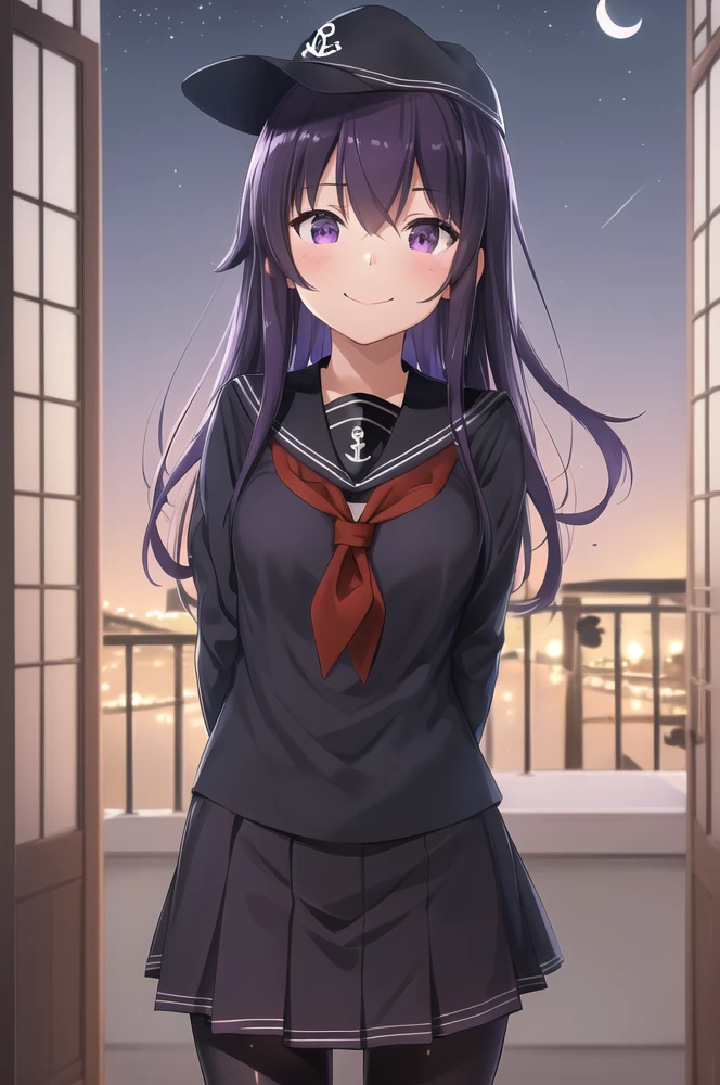 (best quality, masterpiece, highly detailed:1.4), Akatsuki, cap, , serafuku, purple eyes, purple hair, black pantyhose, red neckerchief, pleated skirt, anchor symbol, looking at viewer, night sky, night, moon, leaning foward, smile,  arms behind back,  (AS-YoungerV2:0.7) ,