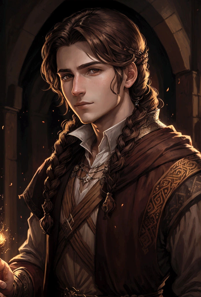 portrait art, young sorcerer, half a turn, brown hair with waist-length braid, no beard, medieval era fantasy