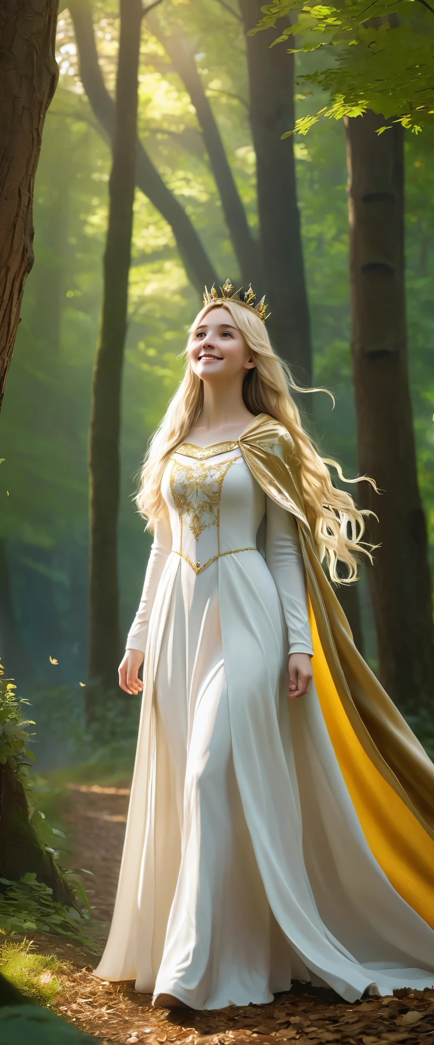 Grateful girl, blonde long hairs, with white dress and golden cloak, the crown in the head, stand in the forest waiting someon, she is very kind, she have sweety smile, full body, high quality, high details, artistic style, respectful attitudeextremely detailed) CG unity, 8k wallpaper, (cinematic angle), perfectly designed