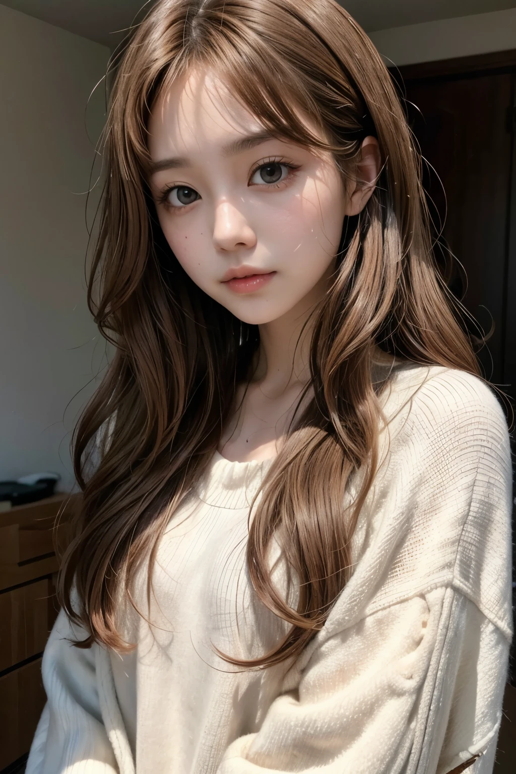 bythedoll brown eyes, wavy light brown hair without bangs