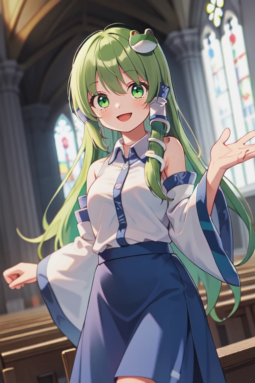 Sanae Kochiya but she become Christian, 1young woman, green hair, long hair, green eyes, frog hair ornament, hair tubes, collared shirt, white shirt, detached sleeves, wide sleeves, blue skirt, frilled skirt, in the church, smiling, praising the Lord