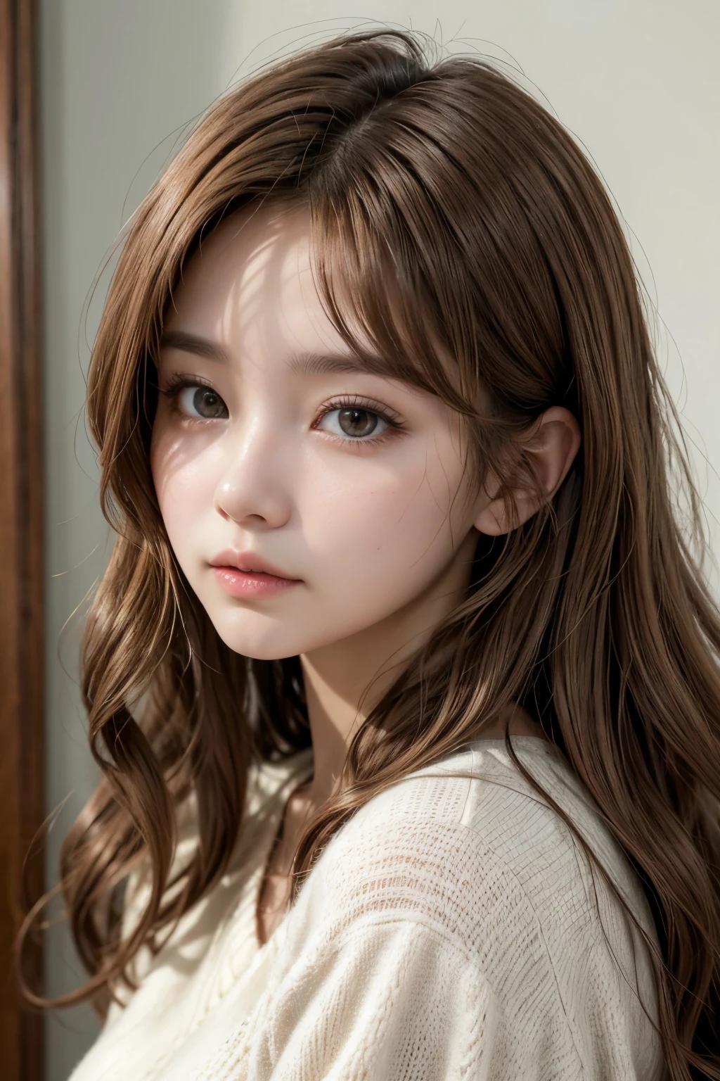 bythedoll brown eyes, wavy light brown hair without bangs