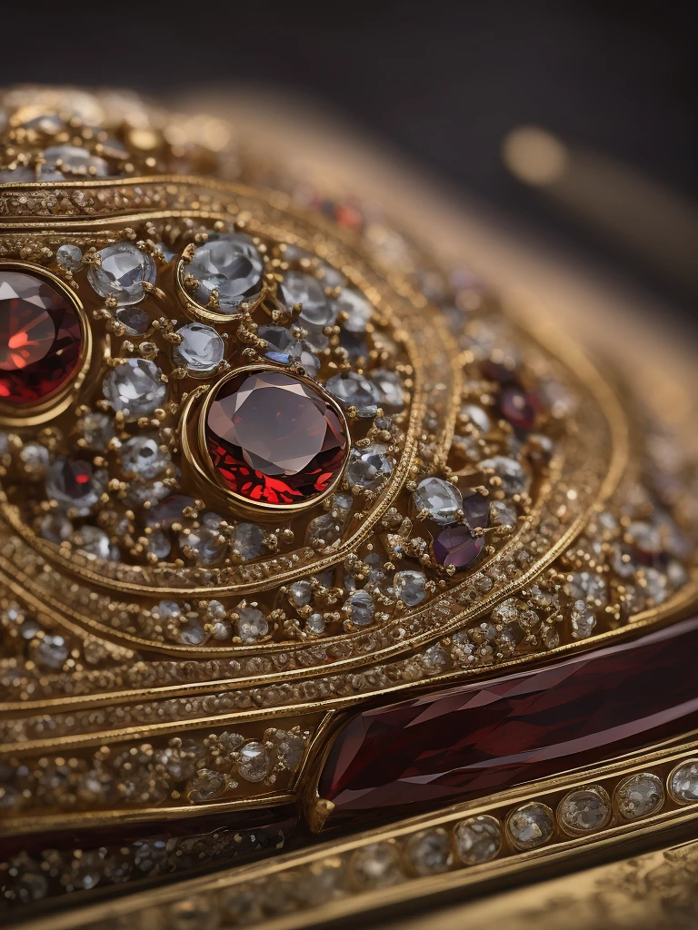 glowing gem, red gem, glowing, gem on pillow, brown pillow, gold trim, detailed, light rays, depth of field, intricate, detailed, (masterpiece:1.2), 

