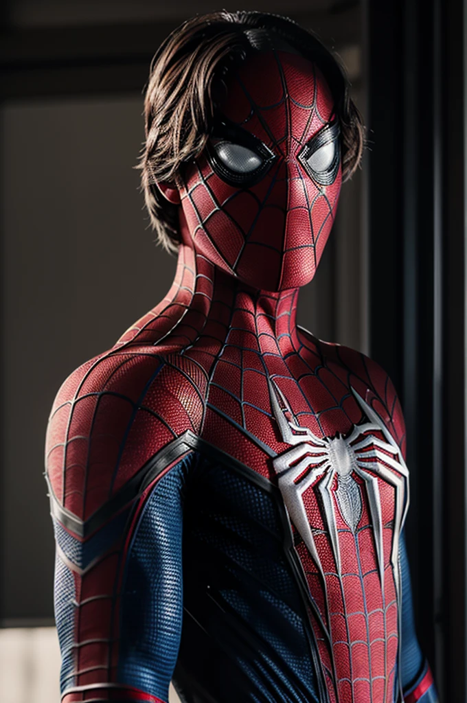 A photograph of Spider-Man., sin mascara, the 20s, elegant, detailed face, looking to the camera, portrait, 8k hd, high quality