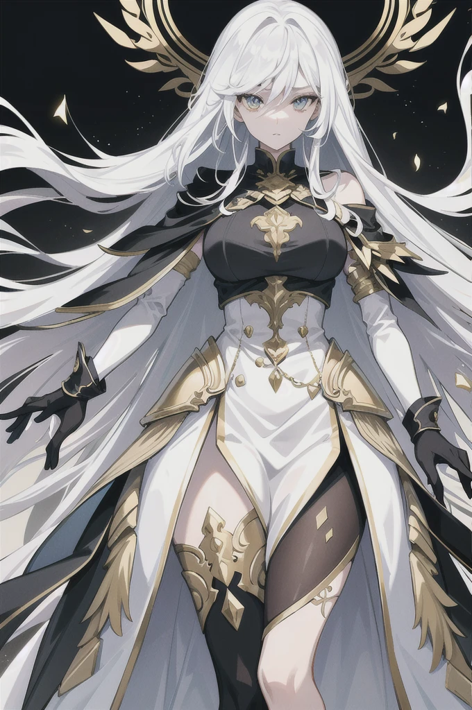 Physical description
This character is a woman with an ethereal and imposing appearance. Her long white hair flows around her, creating an almost mystical aura. His golden eyes are piercing and express great intensity and determination. Her outfit is complex and elegant, consisting of several layers of white and black fabrics, accented with gold designs. The dress appears both practical and ceremonial, perhaps indicating a high rank or special role in one's world. Her arms are covered in sleek gauntlets that add a touch of sophistication to her appearance. His entire style suggests a combination of power, grace and mystery.