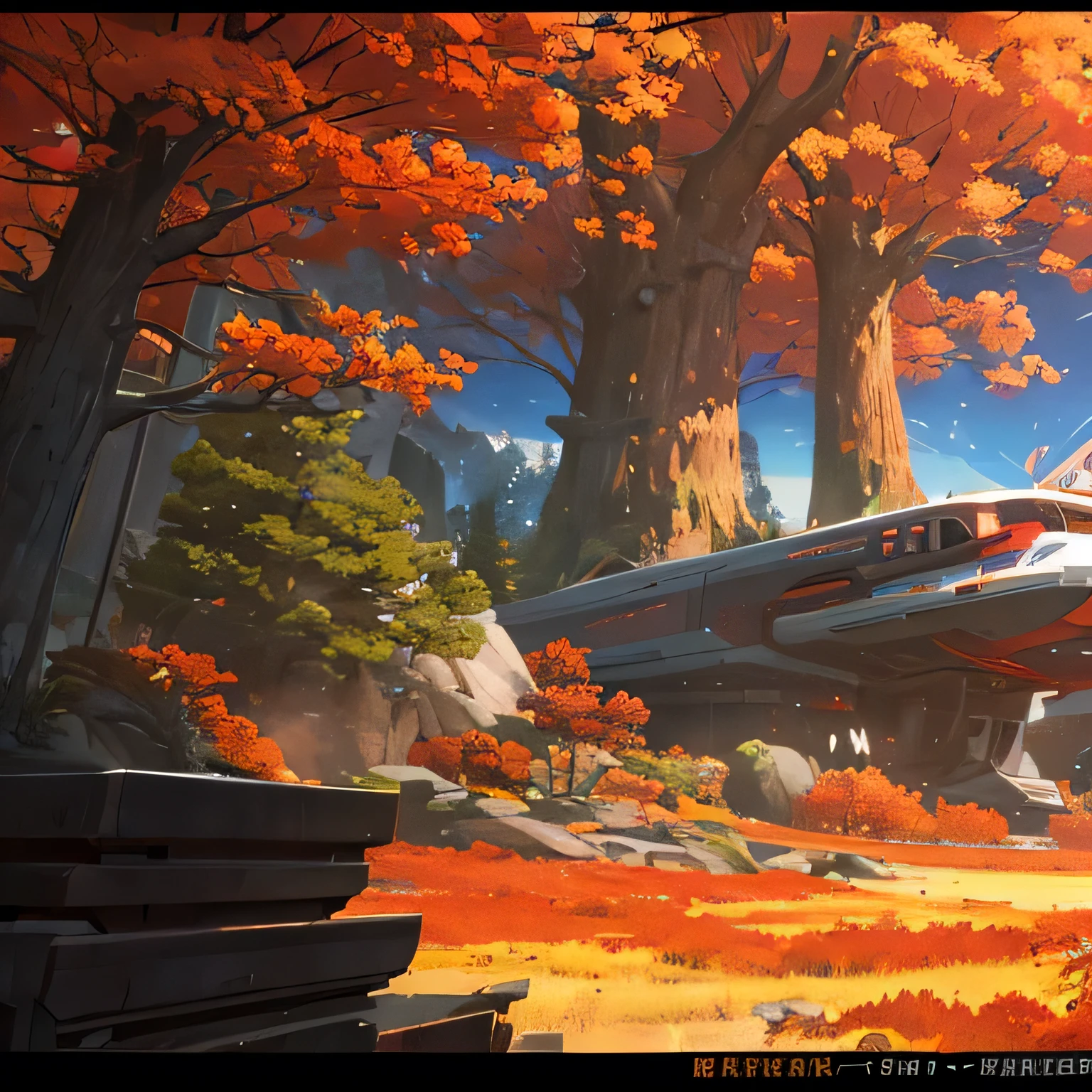 a spaceship landing on an alien exoplanet, rich in biodiversity, red trees