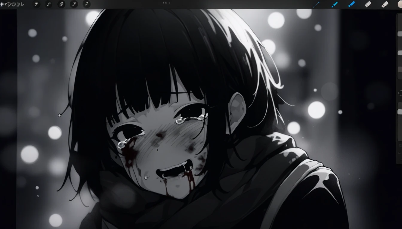 masterpiece, best quality, 1girl, misekai 555, official art, gawr gura with black bob cut and black eyes
greyscale, manga style, japanese, chi no wadachi, black eyes, eyelashes, street, iced, black hair, schoolbag, smile, crying, tears, tears streaming, blood, blood_from_mouth, bruise, nosebleed, lineart, face against the ground, looking at viewer, blood on face, black coat, black scarf, 35 years old, mature_female:1, tall, fair skinned, bokeh background, streaming, bob cut, light particles, centered, snowing, emotional anime scene, (very aesthetic, best quality, ultra detailed), intricate details, red and blue lights flashing,
