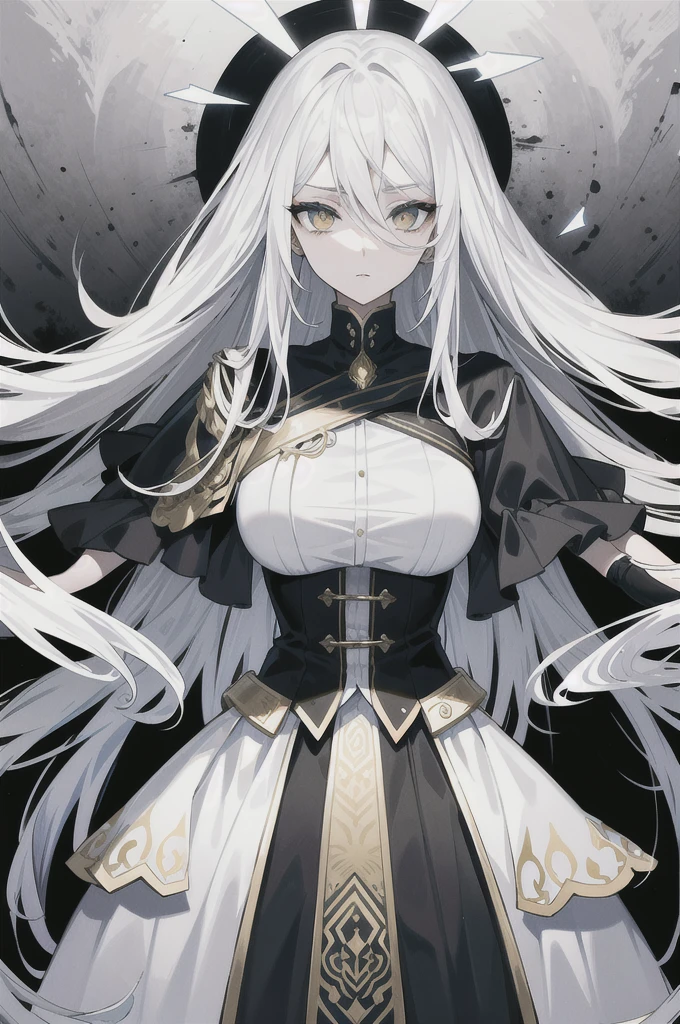 Physical description This character is a woman with an ethereal and imposing appearance. Her long white hair flows around her, creating an almost mystical aura. His golden eyes are piercing and express great intensity and determination. Her outfit is complex and elegant, consisting of several layers of white and black fabrics, accented with gold designs. The dress appears both practical and ceremonial, perhaps indicating a high rank or special role in one's world. Her arms are covered in sleek gauntlets that add a touch of sophistication to her appearance. His entire style suggests a combination of power, grace and mystery.