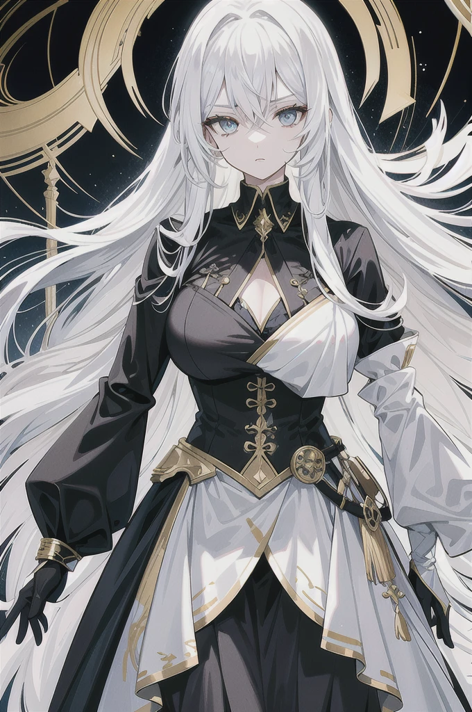 Physical description This character is a woman with an ethereal and imposing appearance. Her long white hair flows around her, creating an almost mystical aura. His golden eyes are piercing and express great intensity and determination. Her outfit is complex and elegant, consisting of several layers of white and black fabrics, accented with gold designs. The dress appears both practical and ceremonial, perhaps indicating a high rank or special role in one's world. Her arms are covered in sleek gauntlets that add a touch of sophistication to her appearance. His entire style suggests a combination of power, grace and mystery.