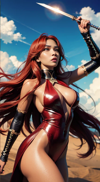 Cool，African Lady、African Girl、African Supermodel、20-year-old women，Long red wavy hair，Red eyes，Sharp Eye，Glare，Red Leather，Bodysuits，gloves，Cover the whole body，god秘的な装飾，Cross Belt，On the chest，Realistic illustrations，burn，Great Flame，Covering the sky，Expressed throughout the body，Looking up at the sky，Reaching for the sky，（Effect Effect），Fantasy，Huge Japan sword in hand，battlefield，Warrior，Swordsman，Beautiful woman，god々々right