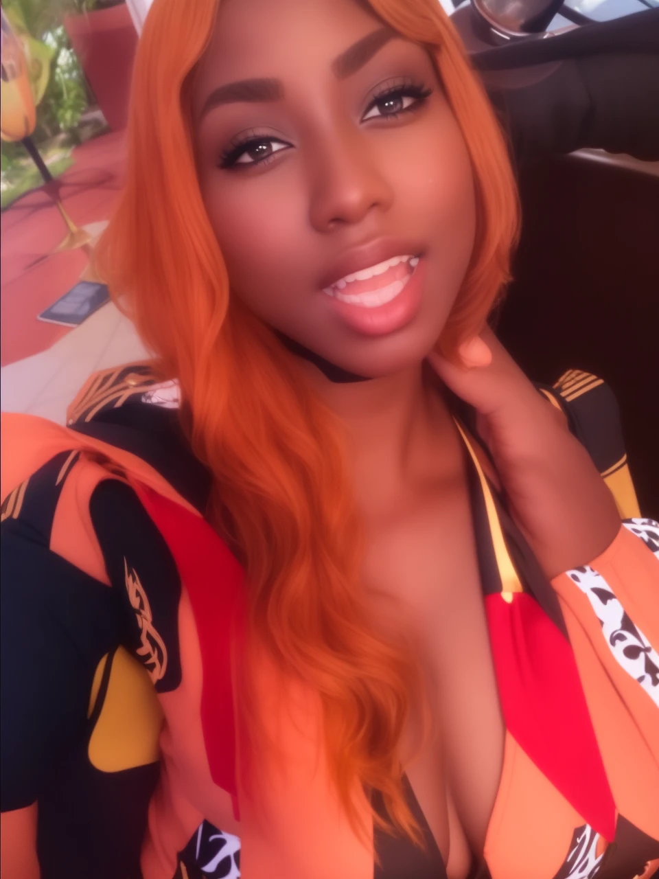 (ebony flight attendant uniform that revealed more of her body),looking at viewer with her breasts poking out,smiling,happy,curly blond short hair, standing, inside the airplane, with her hourglass shape body
