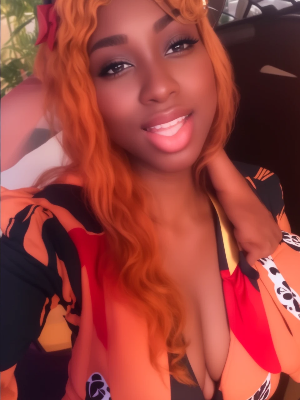 (ebony flight attendant uniform that revealed more of her body),looking at viewer with her breasts poking out,smiling,happy,curly blond short hair, standing, inside the airplane, with her hourglass shape body