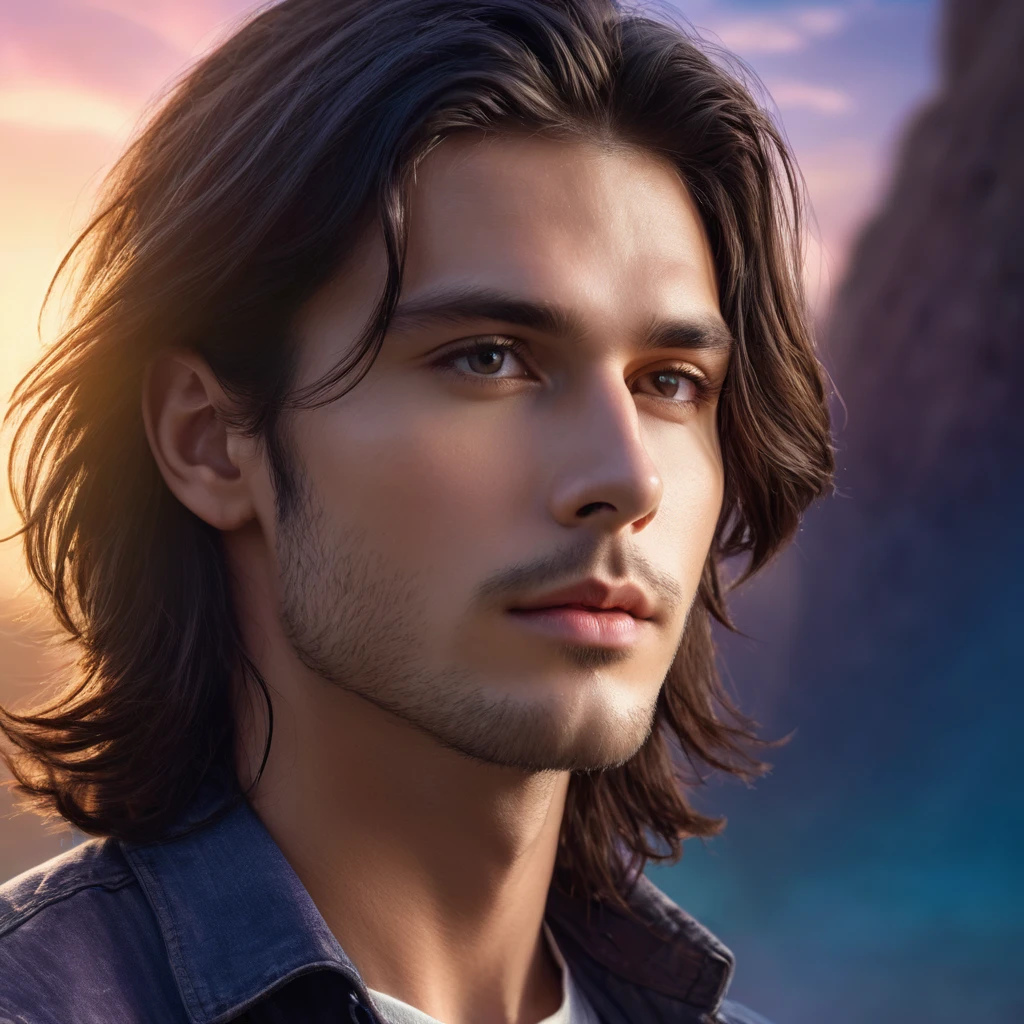 a photorealistic album cover, handsome young man with long dark hair, gazing upward with a thoughtful expression, detailed facial features, (1 man), (best quality,4k,8k,highres,masterpiece:1.2),ultra-detailed,(realistic,photorealistic,photo-realistic:1.37),dramatic lighting, glowing aura, atmospheric, cinematic, digital art, vibrant colors, sharp focus