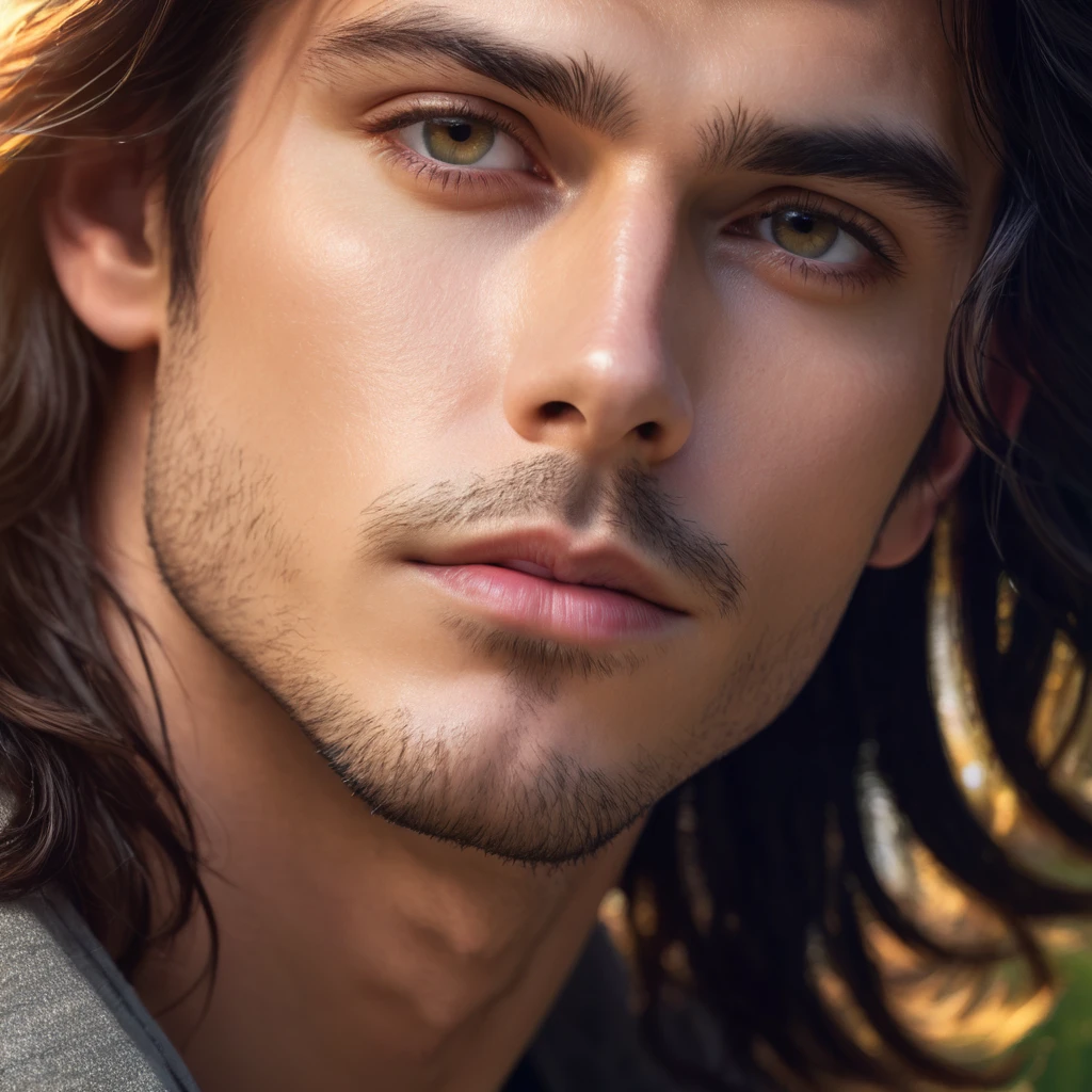 a photorealistic album cover, handsome young man with long dark hair, gazing upward with a thoughtful expression, detailed facial features, (1 man), (best quality,4k,8k,highres,masterpiece:1.2),ultra-detailed,(realistic,photorealistic,photo-realistic:1.37),dramatic lighting, glowing aura, atmospheric, cinematic, digital art, vibrant colors, sharp focus