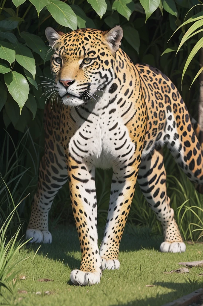 sketch book style drawing of a jaguar looking from the front, with the body erect but attacking features, ready to attack.
more irregular drawing strokes, background with vegetation