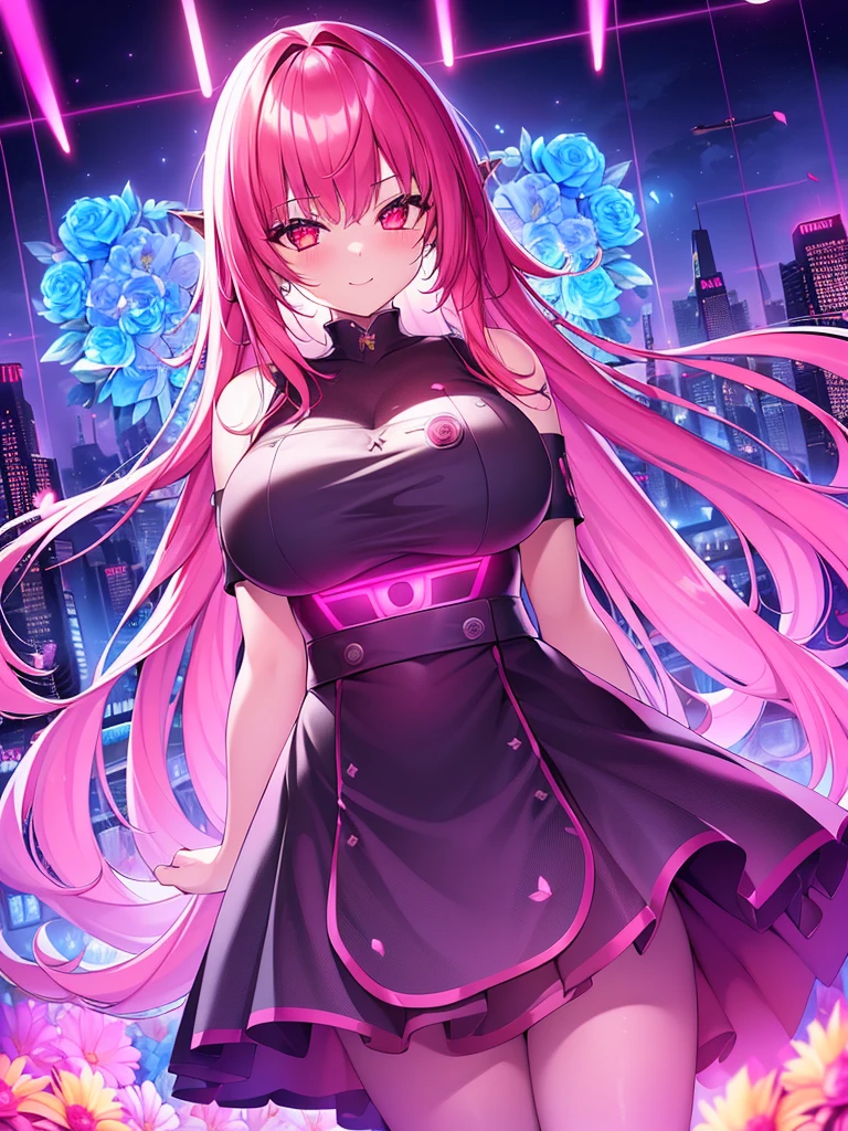 (1 girl)、(plump beauty)、(big breasts)、(30 years)、(berry pink long hair)、(Maximum image quality)、(8k quality)、(cyberpunk)、(Masterpiece)、 (flashing light)、(光沢のあるcyberpunkなフード付き軍服を着て)、(Confident smile:1.2)、(eye patch)、(Full body photo)、(Flowers shining with excess turbulence.々:1.5)、cinematic light、cinema shadow、clear image、Very detailed、Volume metrics、glowing elves、particle effects、beautiful effects、bright colors、Neon、(Neonライト:1.5)、Highly detailed image texture、detailed hair、detailed face、detailed eyes、Full body photo、City、black fur、twinkle in his eye、bright red aura、photo from knees up、beautiful effects、bright colors、High definition image texture、detailed hair、detailed eyes、(cyberpunkCity景観:1.5)、