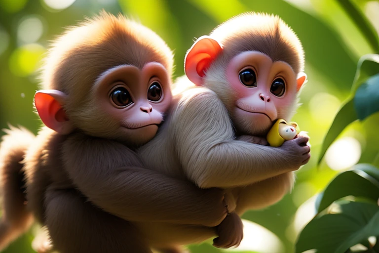 adorable capuchin monkey hugging his little white stuffed toy, in a hurry. tropical forest background