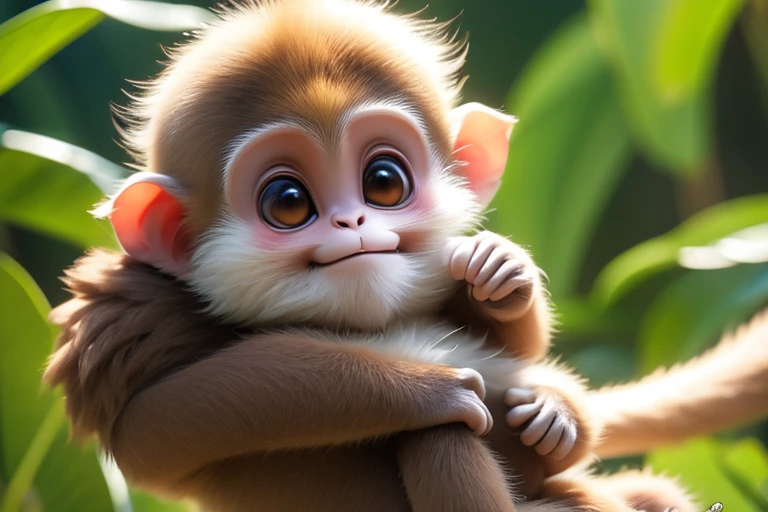adorable capuchin monkey hugging his little white stuffed toy, in a hurry. tropical forest background