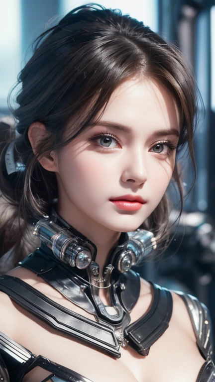 A close-up head and chest portrait of a pretty and cute woman, her chest adorned with pneumatic tubes that give her a unique and futuristic appearance. The highly detailed digital rendering captures every aspect of her beauty, from her delicate features to the intricate tubes.