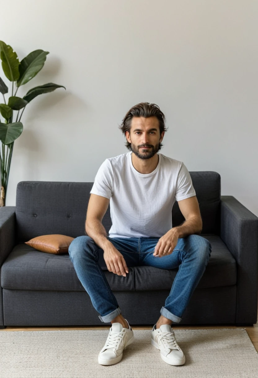 RAW photo, (full body), 30-year-old man, casual T-shirt, sitting on the guest sofa, looking towards the viewer, (wearing shoes), straight forward position, in front of the point of view, neat hair, 