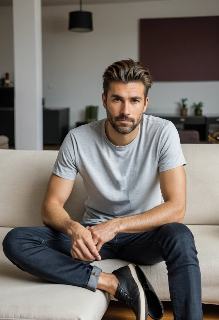 RAW photo, (full body), 30-year-old man, casual T-shirt, sitting on the guest sofa, looking towards the viewer, (wearing shoes), straight forward position, in front of the point of view, neat hair, 