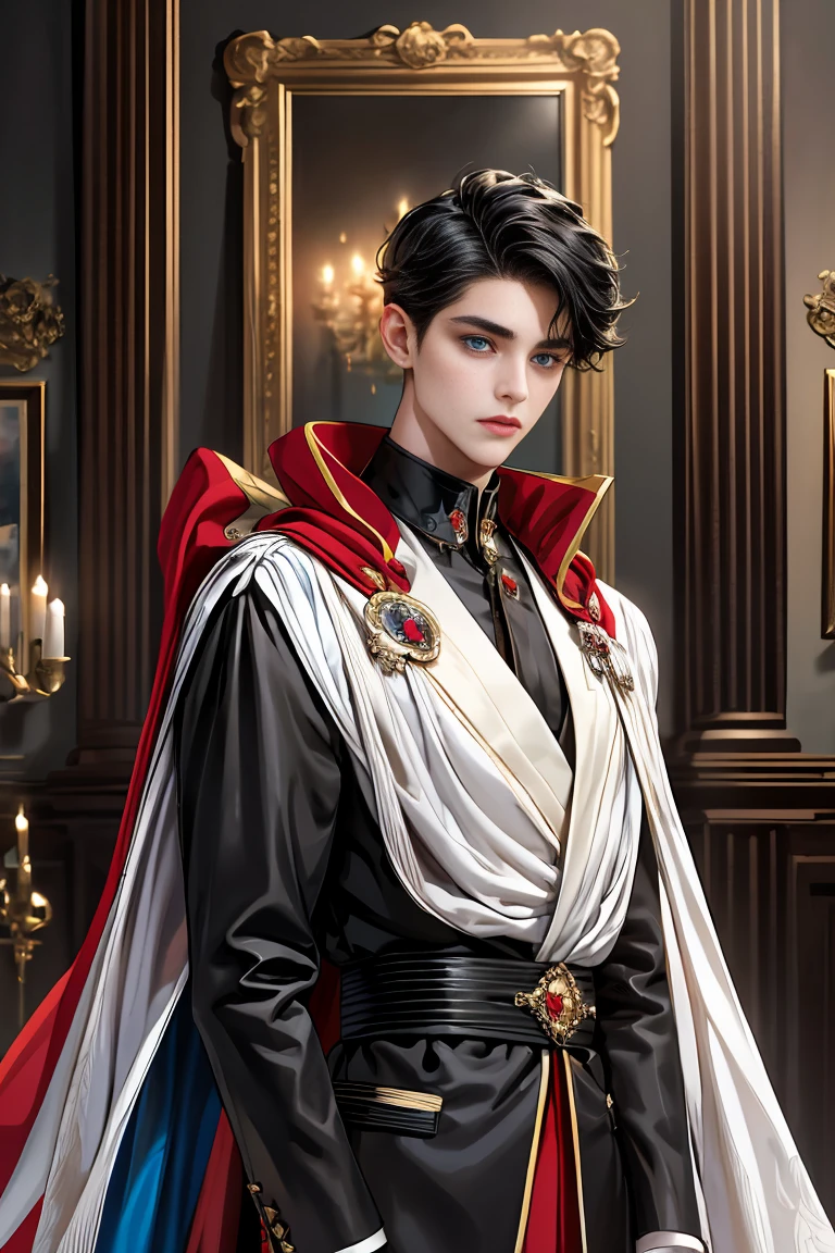 
masterpiece, 最high quality, high quality, 1 boy, alone, Male focus, Watching the audience,  Messy black hair, Adorable big blue eyes, White people, Noble, Noble,Sexy voluminous black and red cape、Tuxedo、A very voluminous, large, very large, very large, long, long red and black cape with a high stand-up collar, reaching down to the floor, made of a lot of fabric., ,Cute beautiful boys,Cute, cute, kind, handsome guy