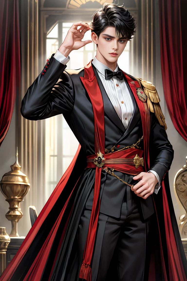 
masterpiece, 最high quality, high quality, 1 boy, alone, Male focus, Watching the audience,  Messy black hair, Adorable big blue eyes, White people, Noble, Noble,Sexy voluminous black and red cape、Tuxedo、A very voluminous, large, very large, very large, long, long red and black cape with a high stand-up collar, reaching down to the floor, made of a lot of fabric., 17 years old,Cute beautiful boys,Cute, cute, kind, handsome guy