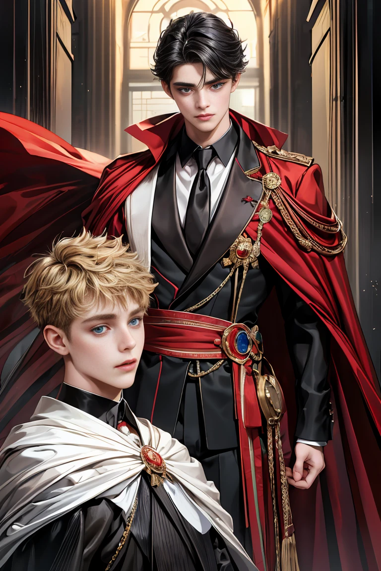 masterpiece, 最high quality, high quality, 1 boy, alone, Male focus, Watching the audience, Messy black hair, Adorable big blue eyes, White people, Noble, Noble,Sexy voluminous black and red cape、Tuxedo、A very voluminous, large, very large, very large, long, long red and black cape with a high stand-up collar, reaching down to the floor, made of a lot of fabric., 17 years old,Cute beautiful boys,Cute, cute, kind, handsome guy