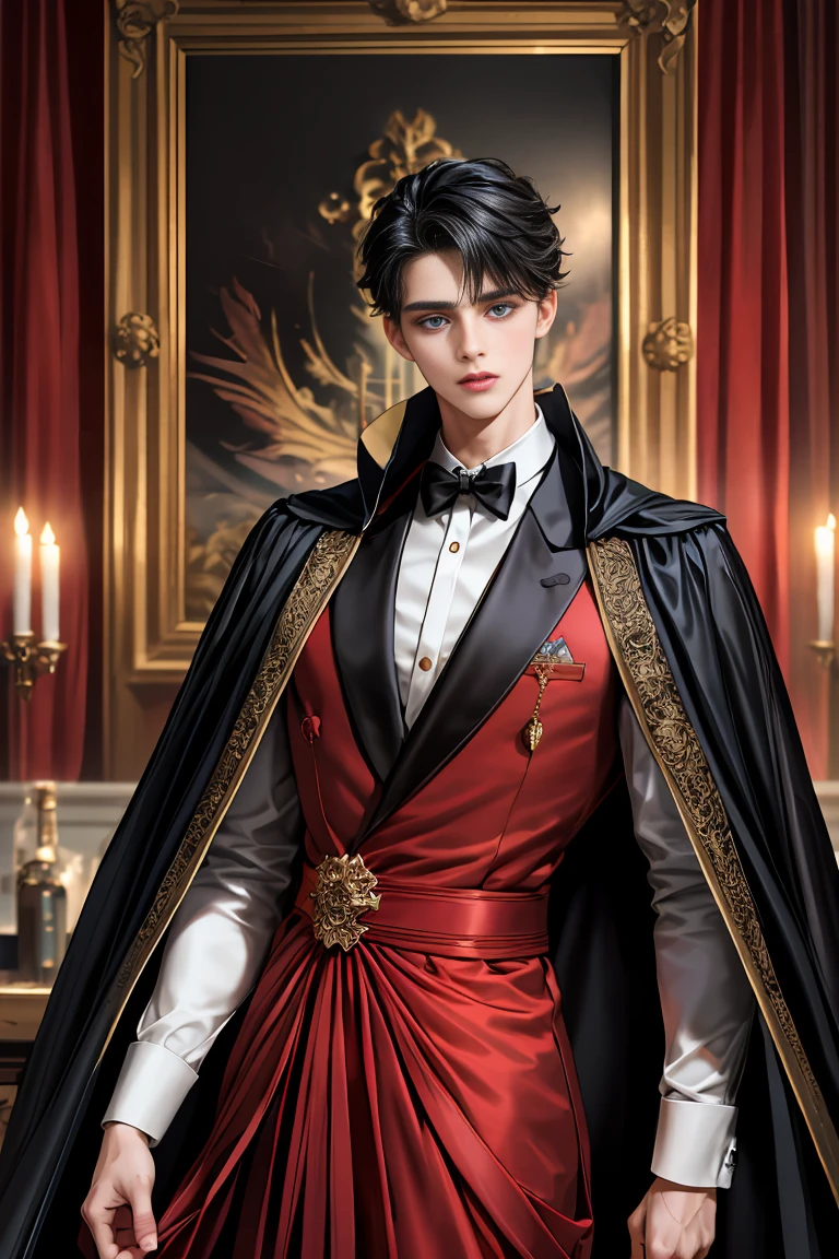 
masterpiece, 最high quality, high quality, 1 boy, alone, Male focus, Watching the audience,  Messy black hair, Adorable big blue eyes, White people, Noble, Noble,Sexy voluminous black and red cape、Tuxedo、A very voluminous, large, very large, very large, long, long red and black cape with a high stand-up collar, reaching down to the floor, made of a lot of fabric., 17 years old,Cute beautiful boys,Cute, cute, kind, handsome guy