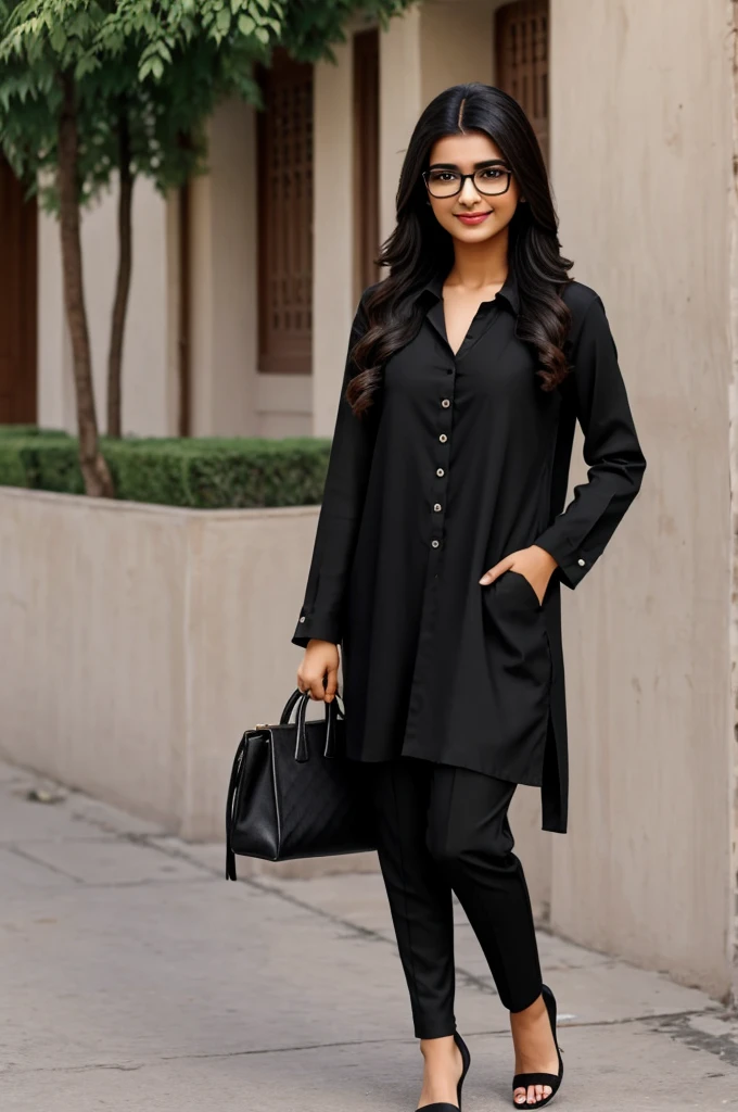 A Pakistani fashionable girl wears a black clothes. Hang purse. Take smile. Long hairs. Wear black heals. Wear glasses