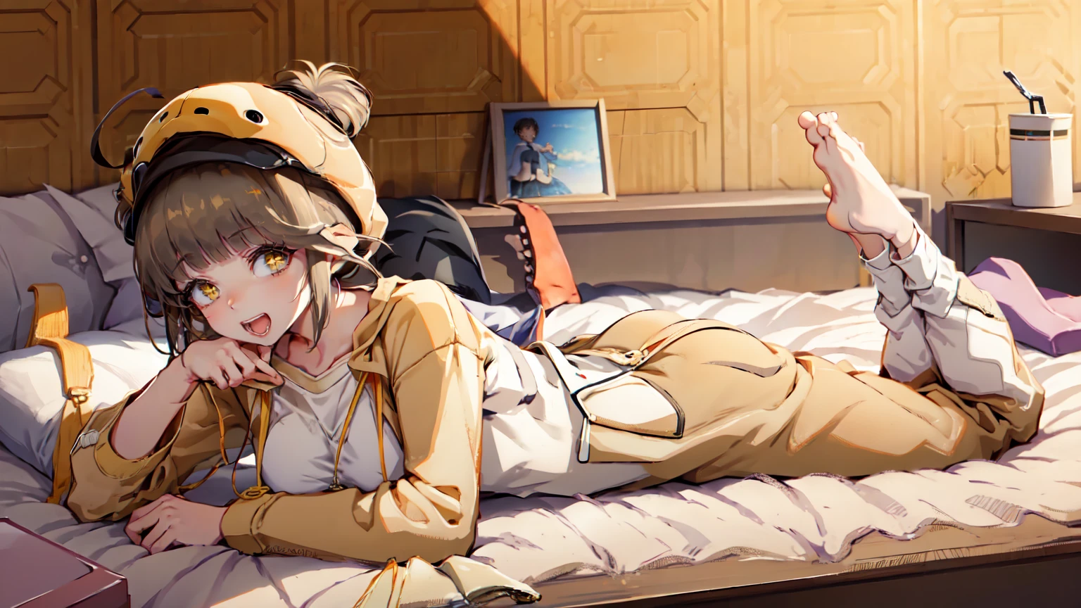 (masterpiece), short hair, brown hair, golden eyes, smile, pajamas, ahoge, open mouth, barefoot, pillow, black hair, on stomach, short hair, bed, lying, book, onesie