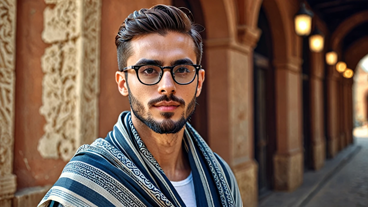 wide field of view, centred, dynamic pose, beautiful modern and elegant young man with side pose
having short beard with expressive eye glasses and shawl on shoulders , highy detailed, 4K, hdr, sharp focus, high resolution, excellent composition, cinematic atmosphere, precise correct anatomy, aesthetic detail of the face image